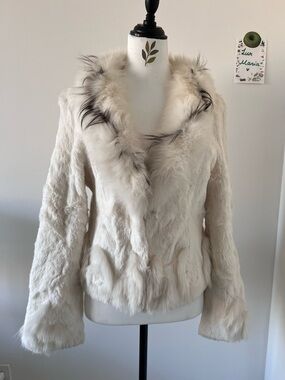 Vintage White Real Rabbit Fur Jacket with Black Fox Fur Trim Rose Accents Size S